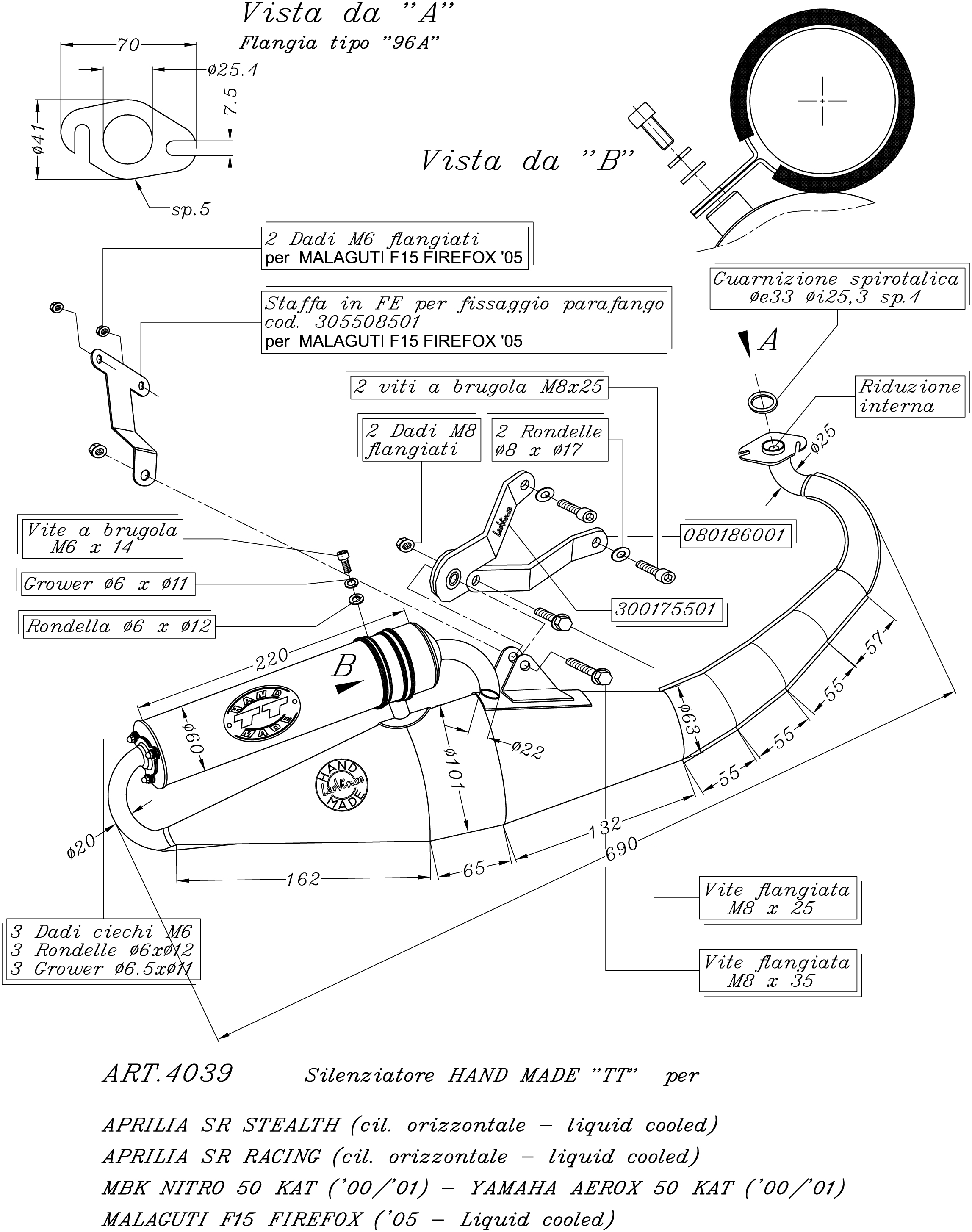 LeoVince exhaust system Hand Made TT, Black Edition, Full System for Yamaha Aerox 50 Cat (Bj.00-01)