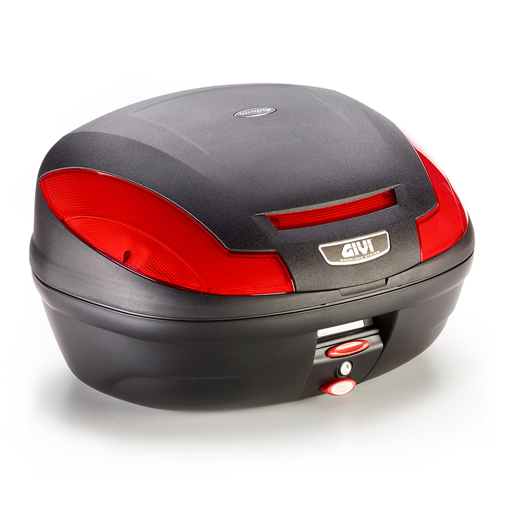 E470 Simply III MONOLOCK top case black with red reflectors and cover without plate Givi