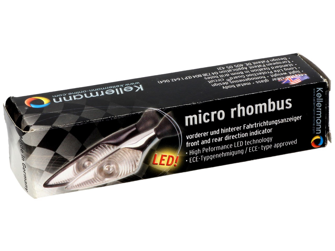 Kellermann turn signal, rhombus, steel, LED, VR/HL, 12 V, shiny chrome, M8x20, E-approved