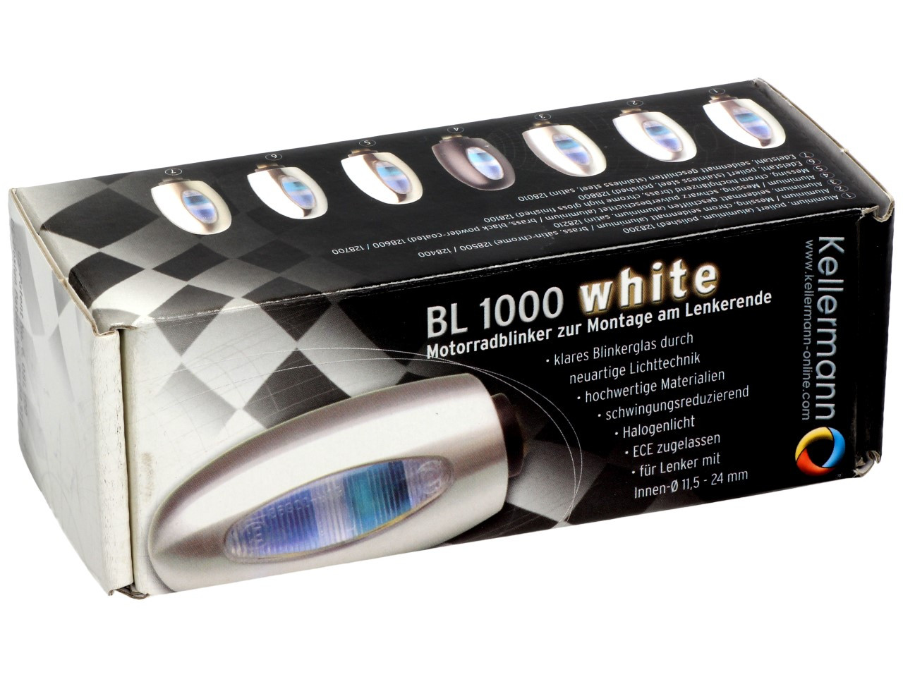 Kellermann turn signal, BL 1000 white, stainless steel, halogen, VR/VL, 12 V, 21 W, silver polished, shiny