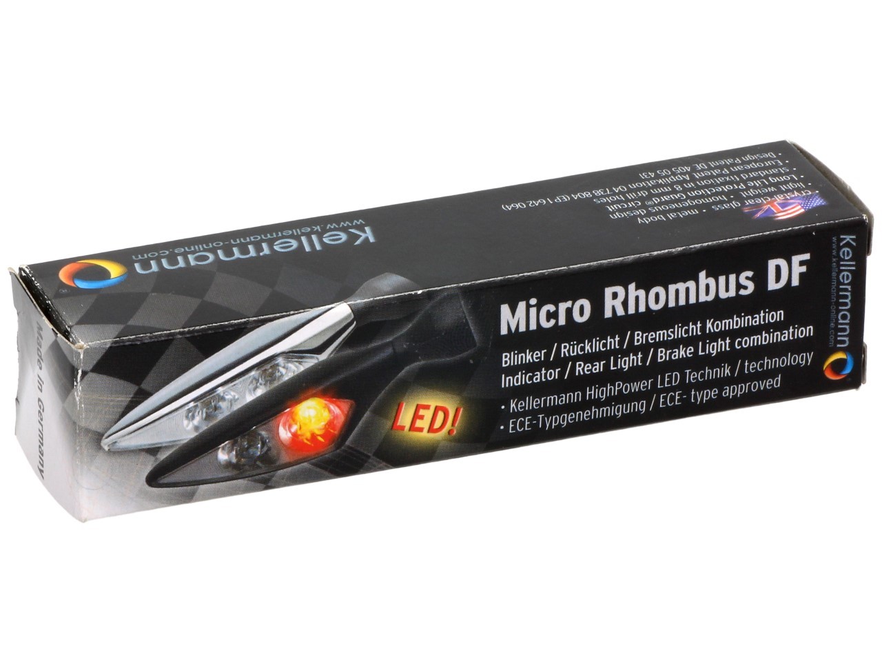 Kellermann turn signal, rear and brake light, Rhombus DF, steel, LED, HR, 12 V, shiny chrome, M8x20
