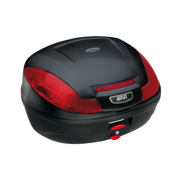 E470 Simply III MONOLOCK topcase black with red reflectors and Givi plate