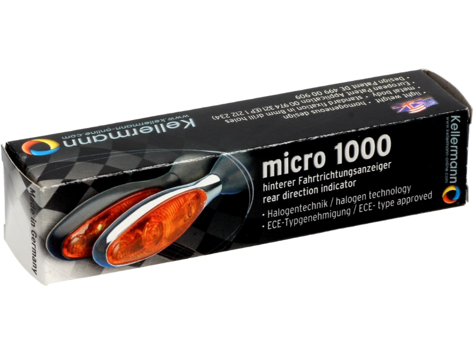 Kellermann turn signal, Micro 1000 Halogen, steel, halogen, HR/HL, 12 V, 6 W, shiny chrome, M8x20