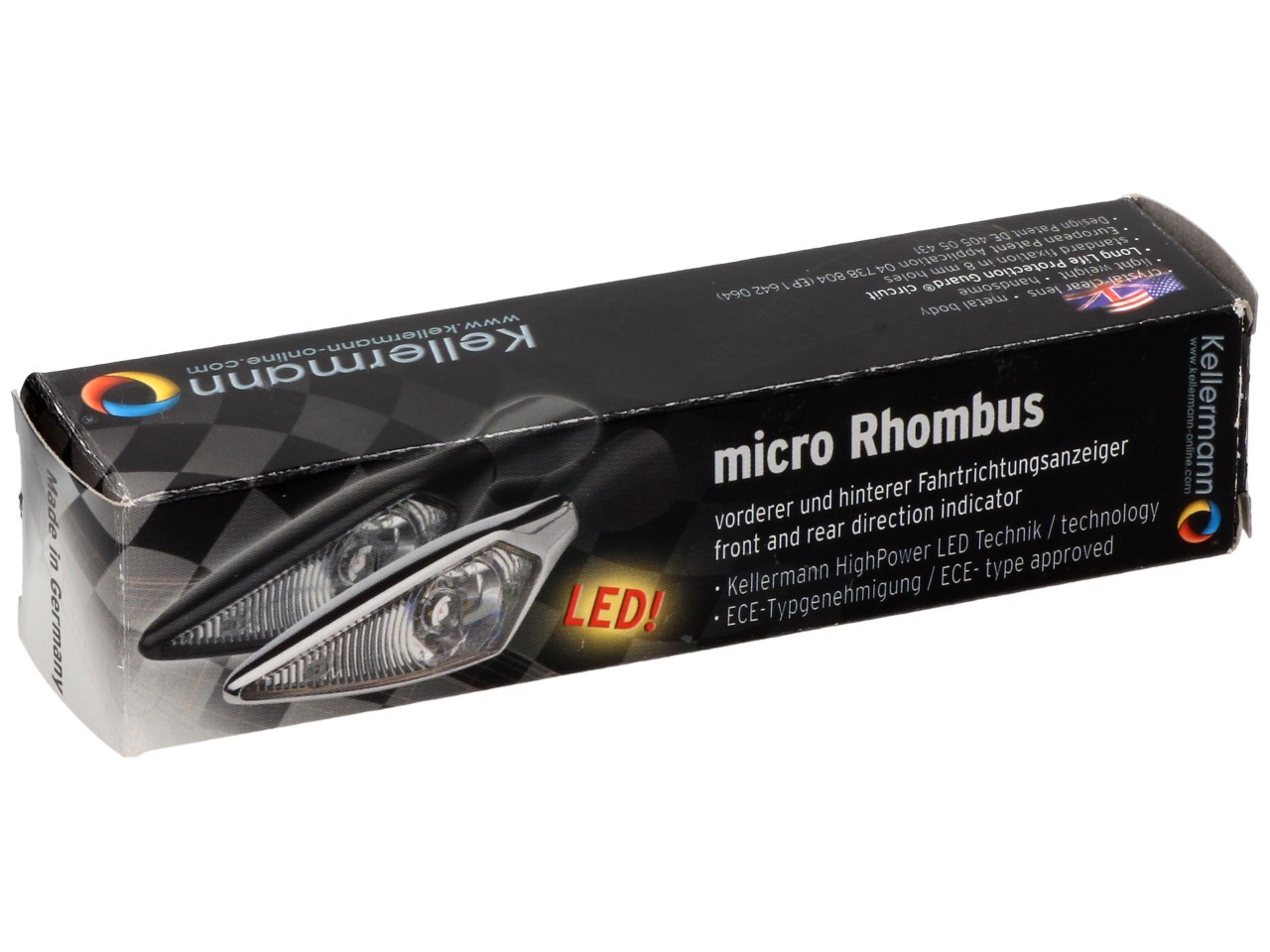 Kellermann turn signal, rhombus, steel, LED, VL/HR, 12 V, black satin, M8x20, E-tested