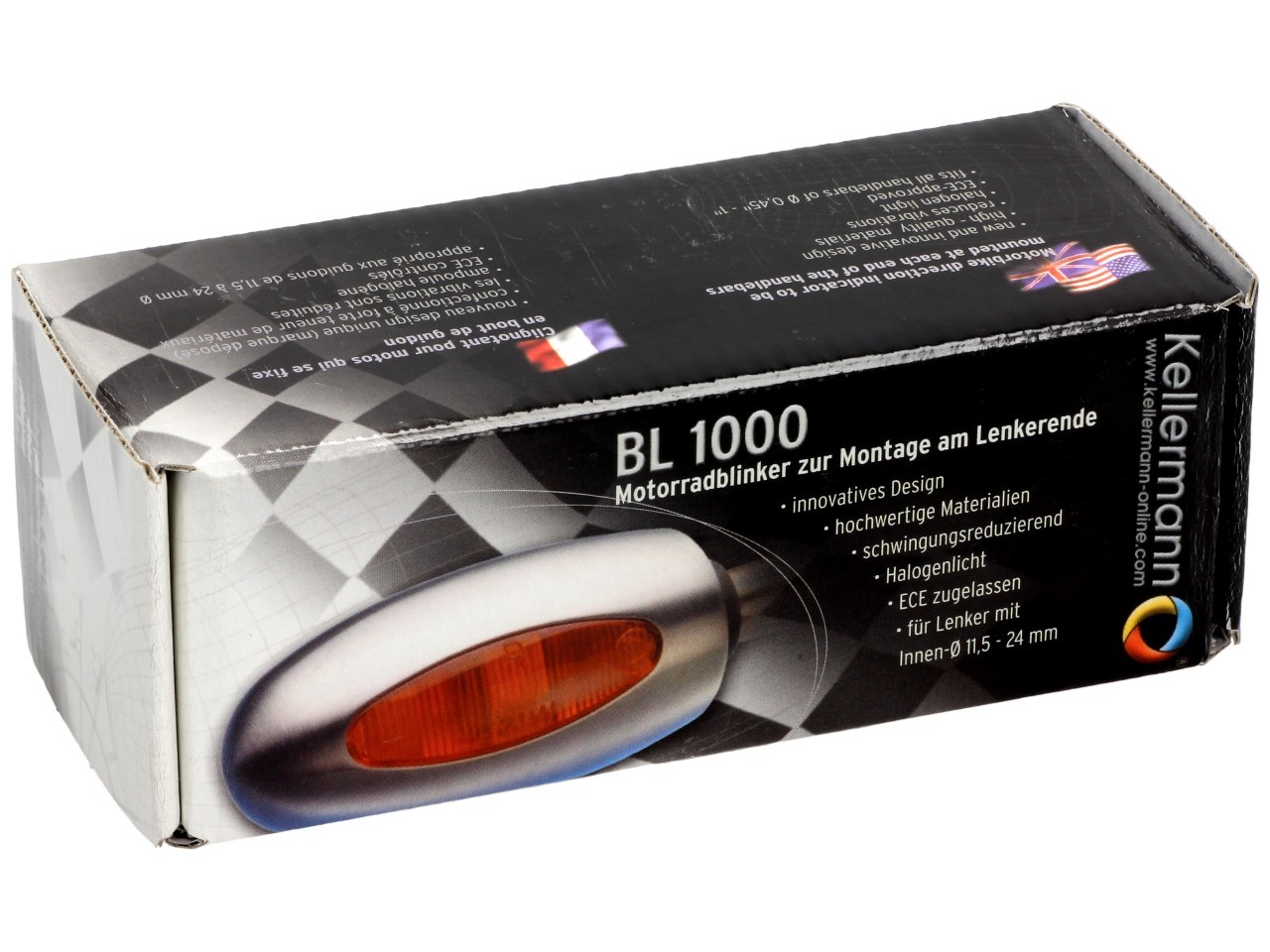 Kellermann turn signal, BL 1000 yellow, aluminum, halogen, VR/VL, 12 V, 21 W, black satin finish