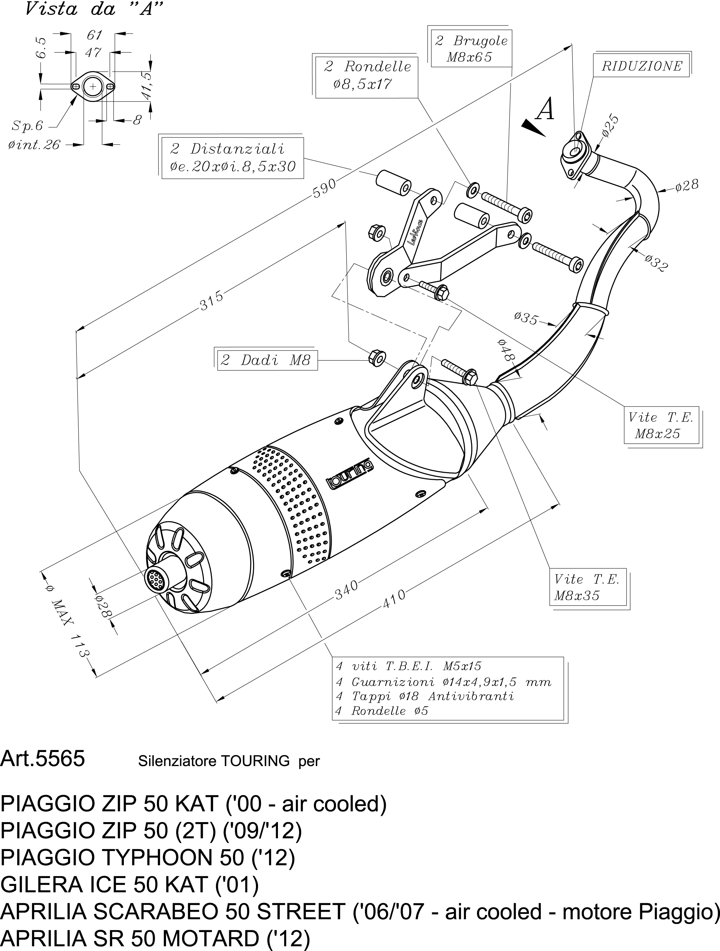 LeoVince exhaust system Touring, steel, full system for Aprilia / Piaggio