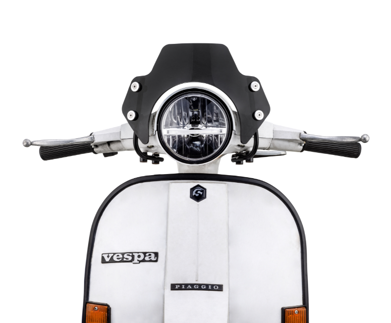 Flyscreen for Vespa PX 80-200cc, silver holder, black tinted
