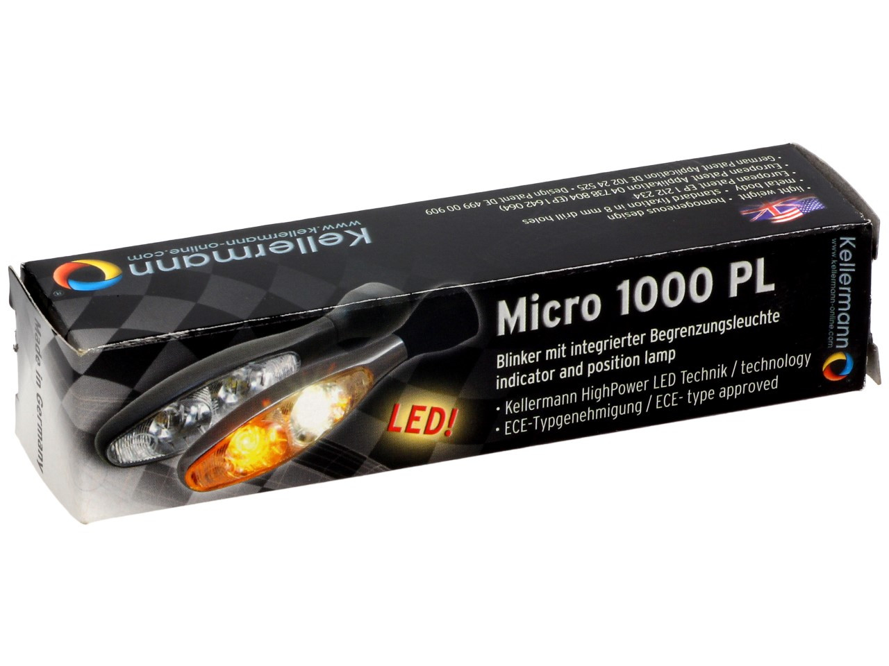 Kellermann turn signal with position light, Micro 1000 PL, steel, LED, VL/VR, 12 V, shiny chrome, M8x20