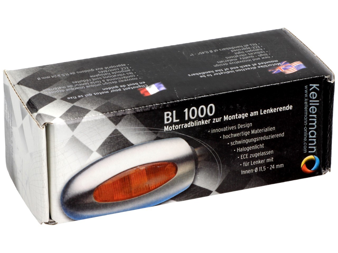 Kellermann turn signal, BL 1000 yellow, aluminum, halogen, VR/VL, 12 V, 21 W, polished chrome, shiny