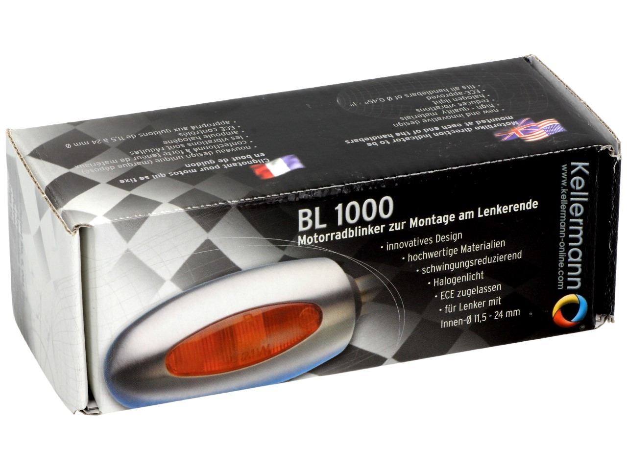 Kellermann turn signal, BL 1000 yellow, brass, halogen, VR/VL, 12 V, 21 W, black satin finish