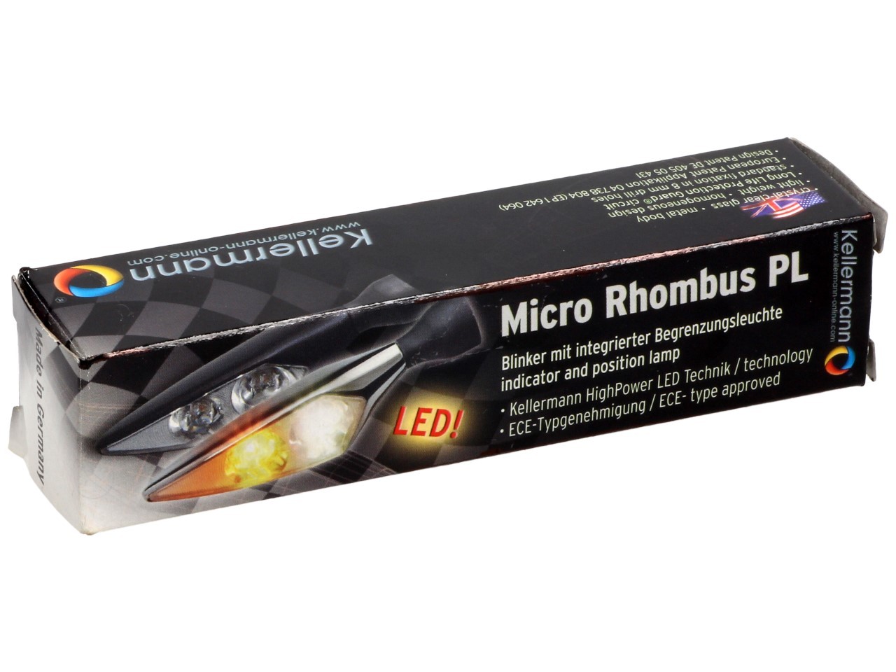 Kellermann turn signal with position light, Rhombus PL, steel, LED, VL, 12 V, shiny chrome, M8x20