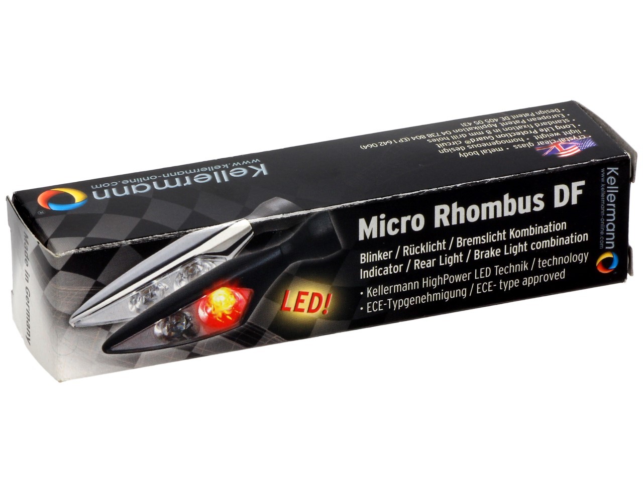 Kellermann turn signal, rear and brake light, Rhombus DF, steel, LED, HL, 12 V, shiny chrome, M8x20